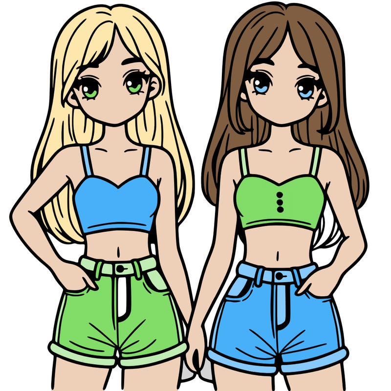 two sisters with crop tops and jean shorts and straight hair