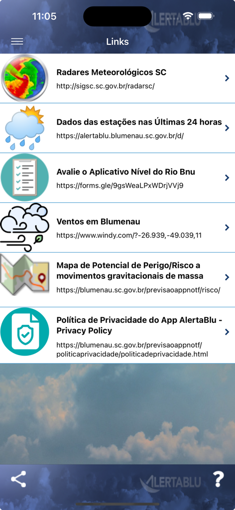 Uma lista de links externos no aplicativo ALERTABLU que dá acesso a radares meteorológicos, dados de estações, velocidades do vento e mapas de risco para Blumenau.