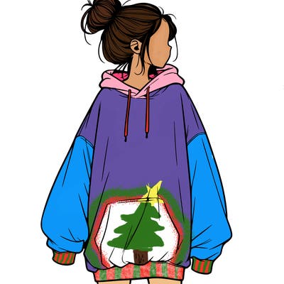 realistic girl with a oversized sweatshirt on and a bun