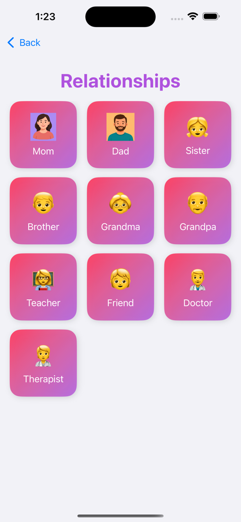 MyVoice AAC Autism Talker - Grid of relationship icons including family and teachers in an autism communication app
