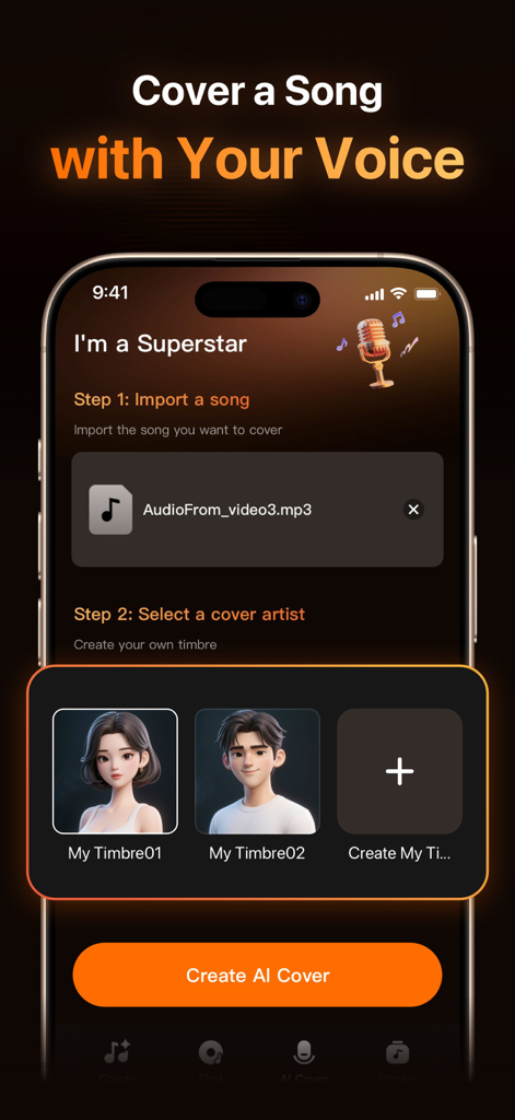 AI Songs & Music Maker：TuneMe - A smartphone displaying the step by step process to create an AI song cover in the TuneMe app interface