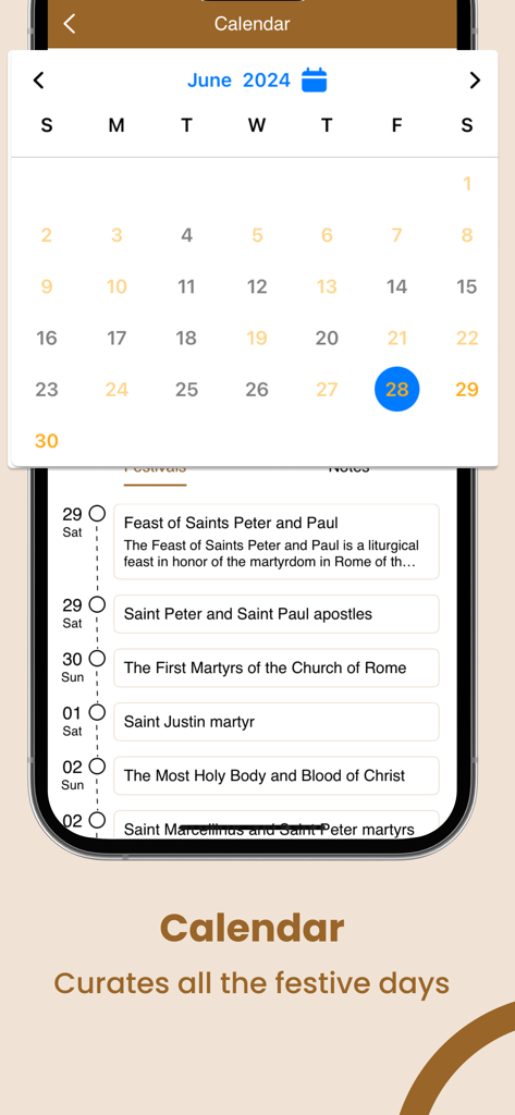 The Magandang Balita Bibliya app calendar screen showing religious festive days and saints feasts for June 2024