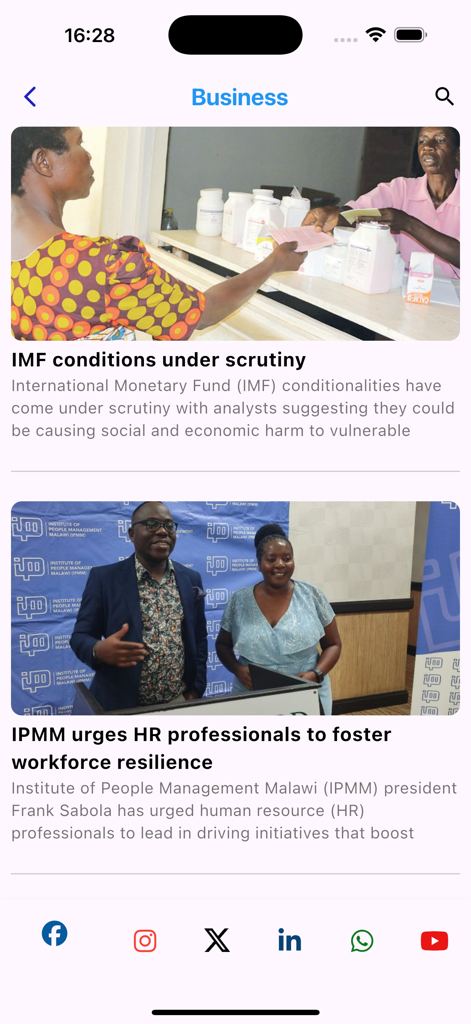 Nation Online - Business news feed on the Nation Online app displaying articles about the IMF and HR professionals in Malawi