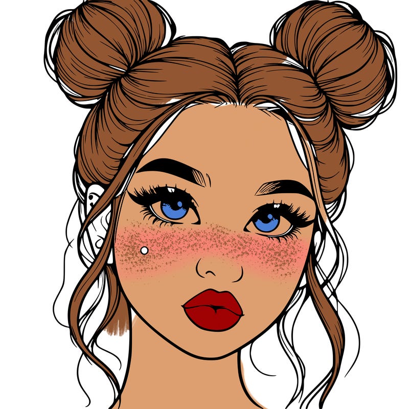 realistic girl with two buns on her hair and lips