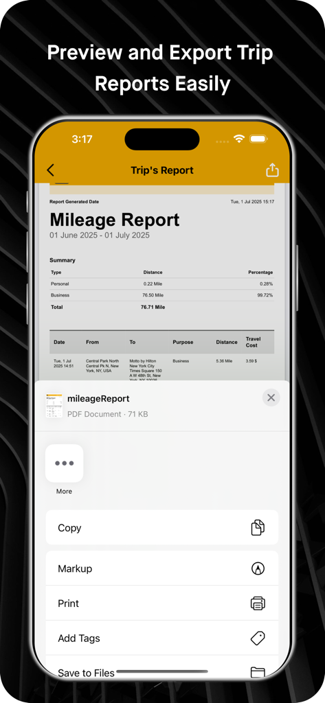 Visualize e exporte relatórios de quilometragem profissionais como documentos PDF para deduções fiscais