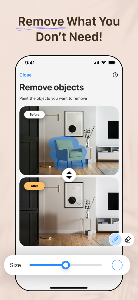 AI Remodelアプリの電話スクリーンショット。オブジェクト削除ツールを使用して、リビングルームから椅子を削除した前後の比較が表示されています。