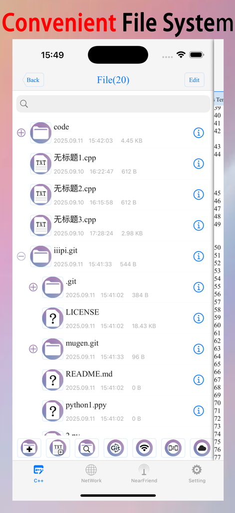 C/C++$-offline compiler for os - File management interface of the C/C++ offline compiler app showing code files and project folders.