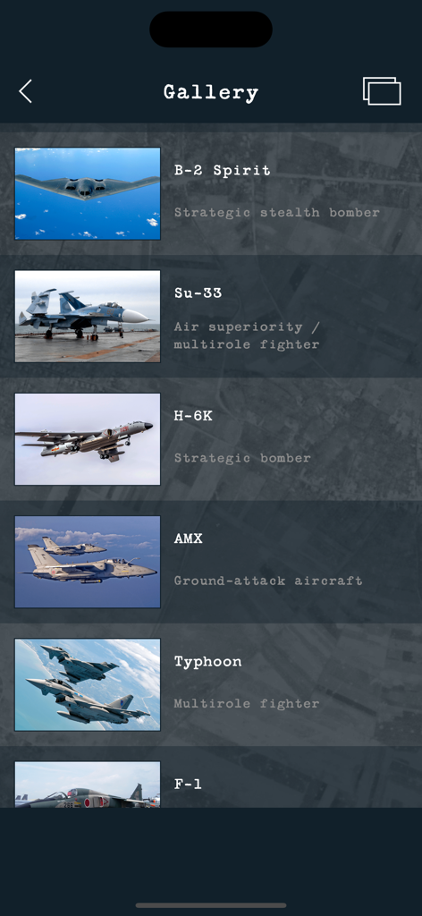 Gallery list of modern military aircraft including the B-2 Spirit and Su-33 fighter jets