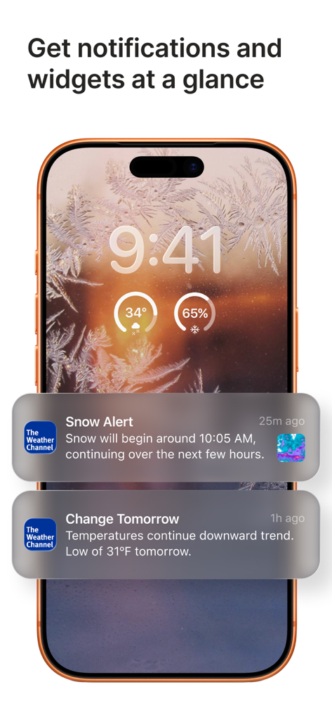 iPhone lock screen showing The Weather Channel widgets and weather alerts