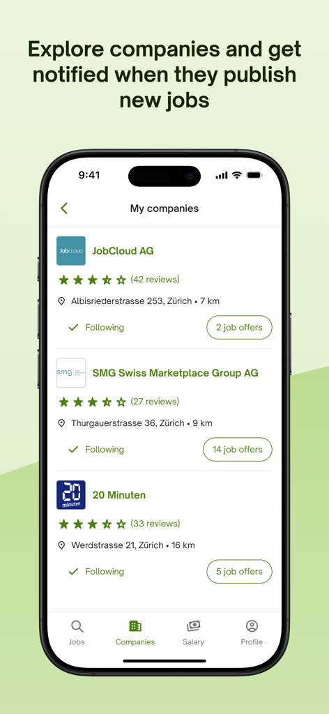 The My companies screen on the jobup.ch app showing ratings and job openings for Swiss employers.
