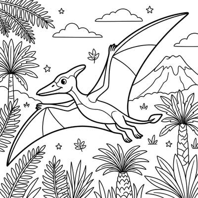 Embark on a prehistoric journey with this captivating Pterodactylus coloring page. Bring this incredible flying dinosaur and its vibrant ancient world to life with your favorite colors.