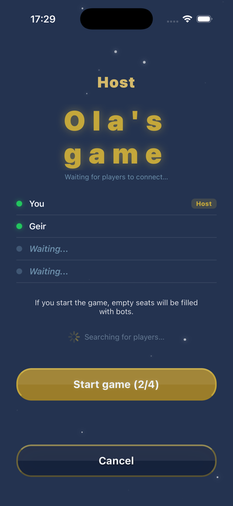 Amerikaner! - Lobby screen for the Amerikaner card game showing connected players and a start button