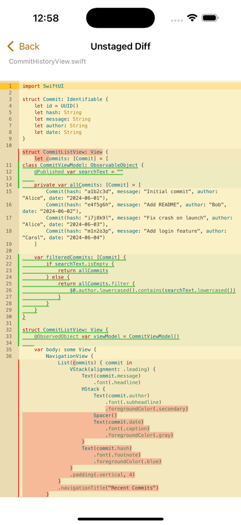Weee: The Git Monster - Unstaged diff view with syntax highlighting in the Weee Git app on iOS.