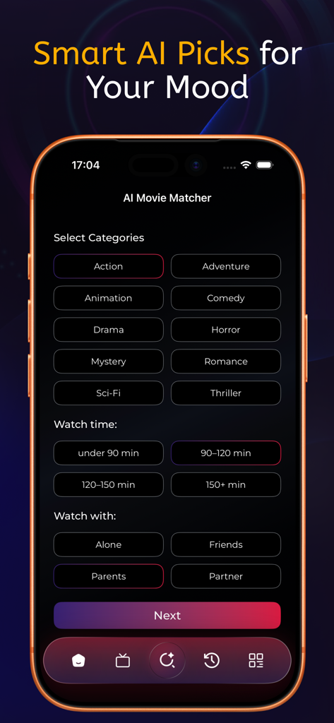 OnStream : TV shows & Movies - OnStream app AI movie matcher screen with genre watch time and companion filters