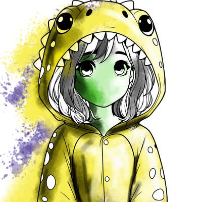 a girl in a dinosaur onesie realistic