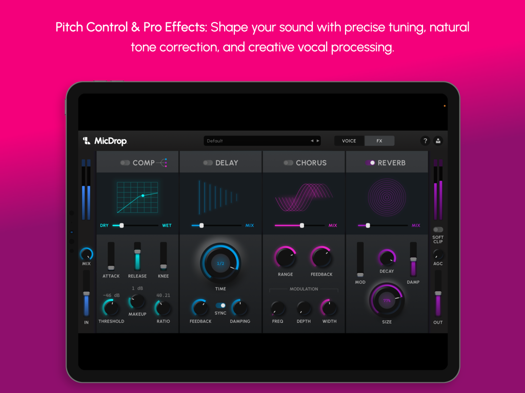 MicDrop - Pro Vocals - MicDrop app interface showing professional vocal effects like compression delay chorus and reverb on iPad