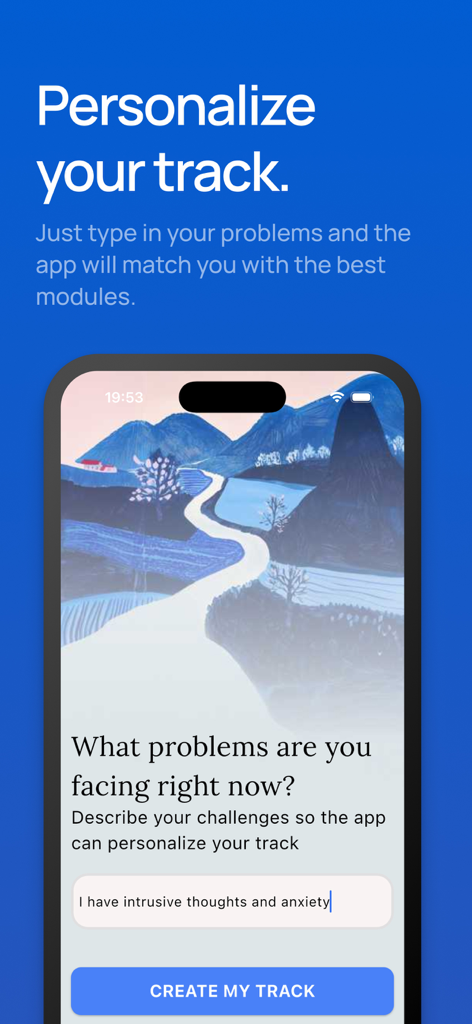 Interface of the OCD app showing a personalization screen for creating a customized mental health track