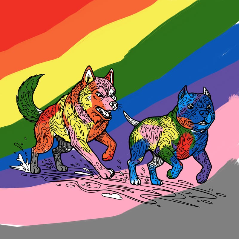 angry siberian chasing a pitbull with painting all over them