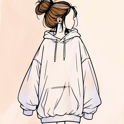 realistic girl with a oversized sweatshirt on and a bun