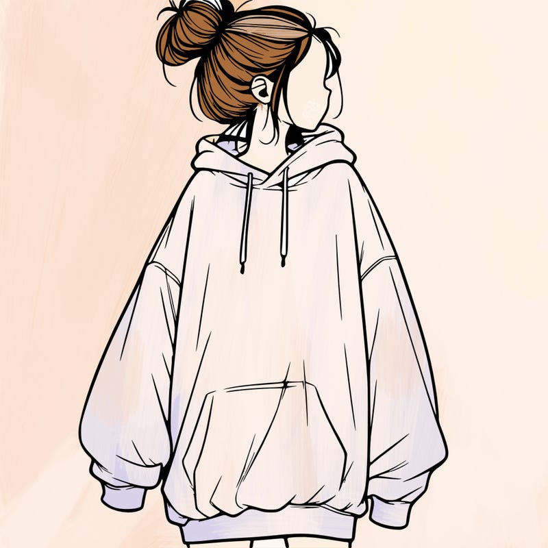 realistic girl with a oversized sweatshirt on and a bun