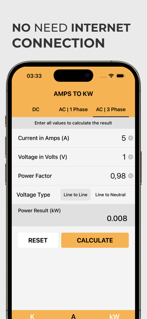 Interfaccia dell'app Calcolatore KVA che mostra una conversione da Ampere a kW per un sistema elettrico trifase senza connessione internet.