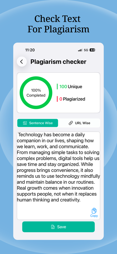 Tela de smartphone exibindo o recurso de verificação de plágio com uma pontuação de conteúdo de cem por cento única.