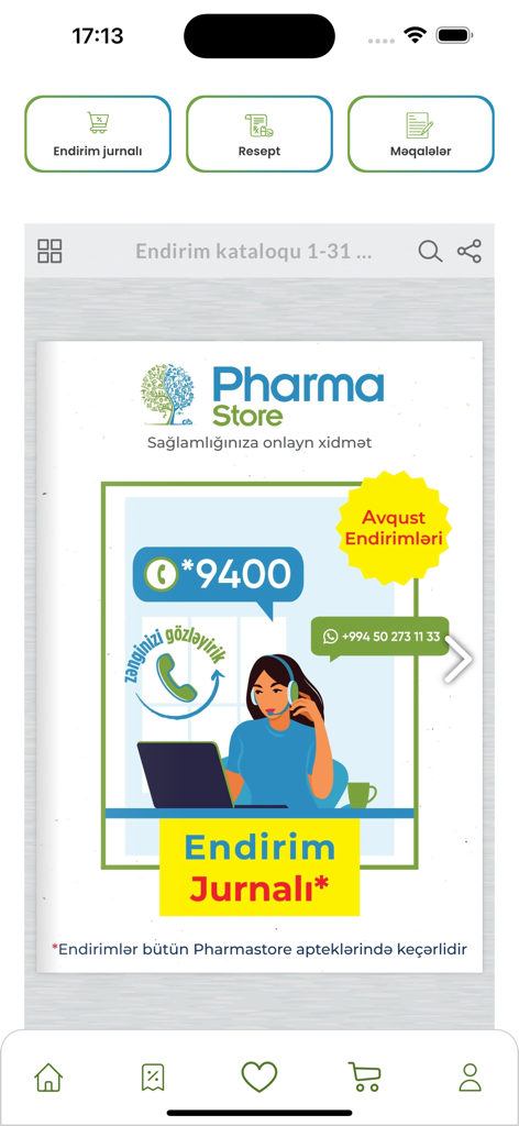 PharmOnline app home screen showing the PharmaStore discount catalog and customer service contact information