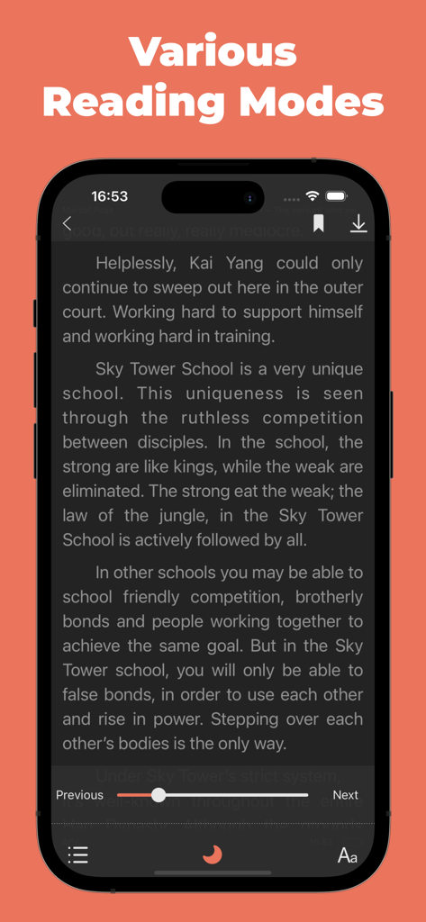 NovelFull: Good Novels & Books - NovelFull app interface showing a novel in dark mode with reading customization and navigation controls