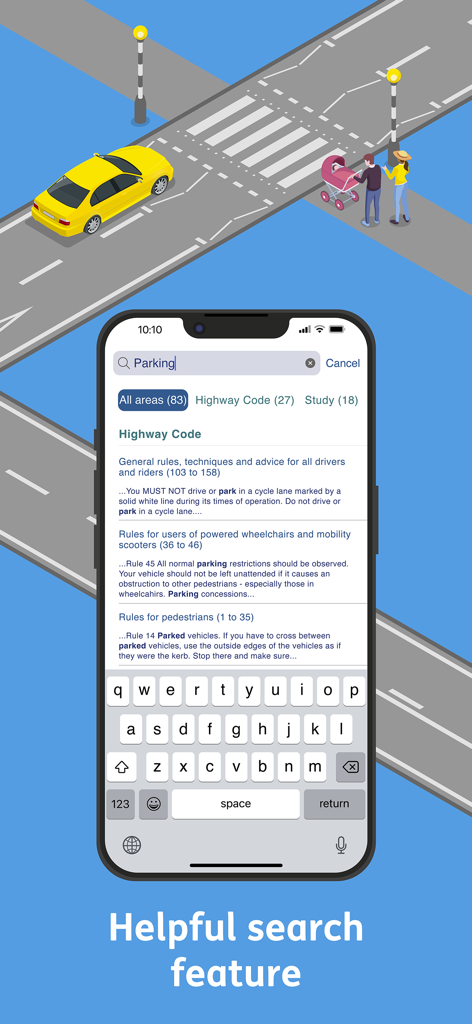 Screenshot of the Official DVSA Theory Test Kit app displaying its helpful search feature for road rules