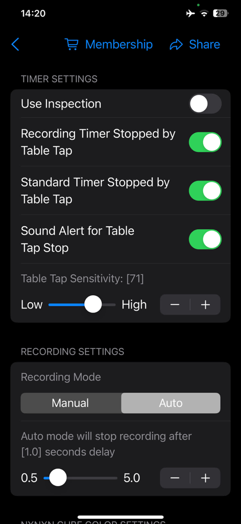 ccTimer - Camera Cube Timer - Settings screen of ccTimer app showing timer and recording configuration options for speedcubing