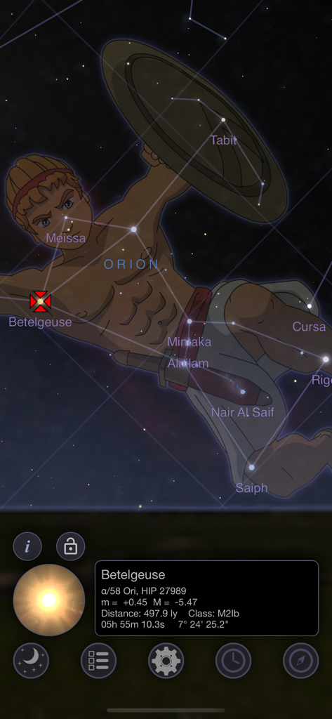 StarMap 3D+ Plus - StarMap 3D Plusのスクリーンショットで、オリオン座のイラストと星ベテルギウスの技術データが表示されています。