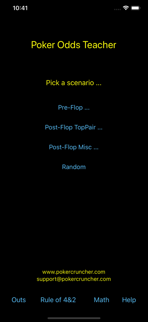 Hauptmenü der Poker Odds Teacher App mit Optionen zur Auswahl von Pre-Flop- und Post-Flop-Szenarien.