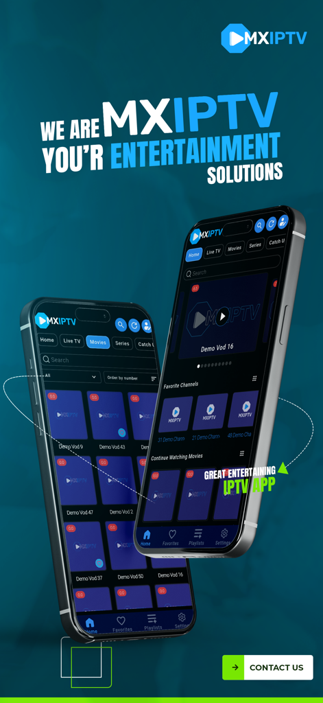 MX Player: IPTV Player - MX IPTV Player app interface displayed on two mobile phones showing video content and channel menus