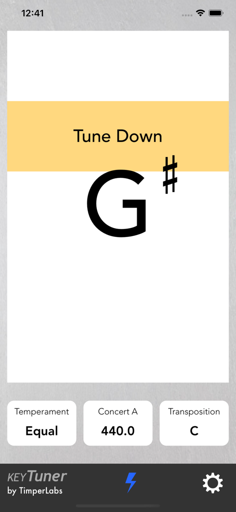 KeyTunerアプリのインターフェース。Gシャープの音とチューニング指示が表示されています。