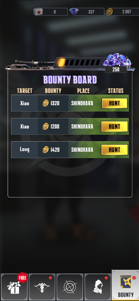 Ninja Hunt: Stealth Assassin - Interfaz del tablero de recompensas que muestra misiones de objetivos disponibles y recompensas en Ninja Hunt Stealth Assassin