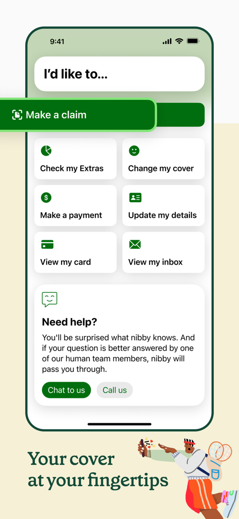 Screenshot of the nib app main screen with options for managing health cover and making claims