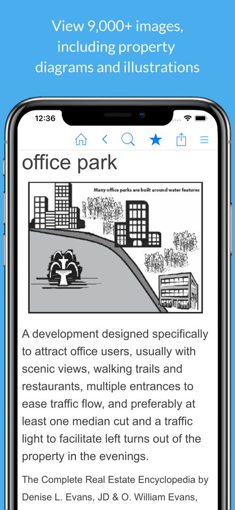 Real Estate Dictionary - Screenshot of the Real Estate Dictionary app showing a diagram and definition for the term office park