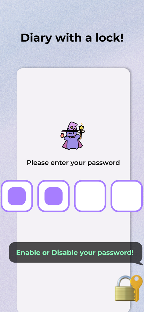 Password entry screen for Miuu Note diary featuring a cute wizard cat character and aesthetic purple design