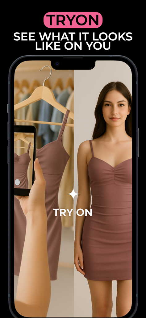 A woman using the AI virtual try-on feature in the seen app to see a dress on herself