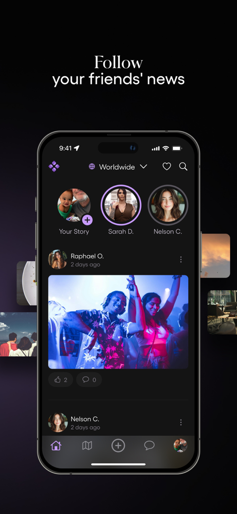 WUnite - Capture d'écran de l'application WUnite affichant un fil d'actualité de réseau social privé avec des stories et des publications photo.