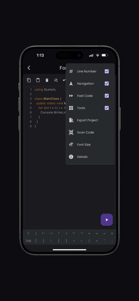 C# Compiler - C# Compiler mobile app showing the code editor with an open settings menu for features like navigation and scan code.