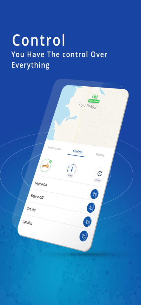 AFAQY AVL - AFAQY AVL app interface showing remote vehicle control buttons and live location map
