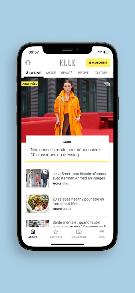 Home screen of the ELLE magazine app featuring fashion and culture articles