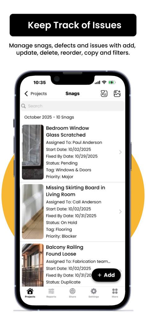 A mobile interface of the SnagBricks app showing a list of construction site snags including scratched glass and loose railings with assigned tasks and status