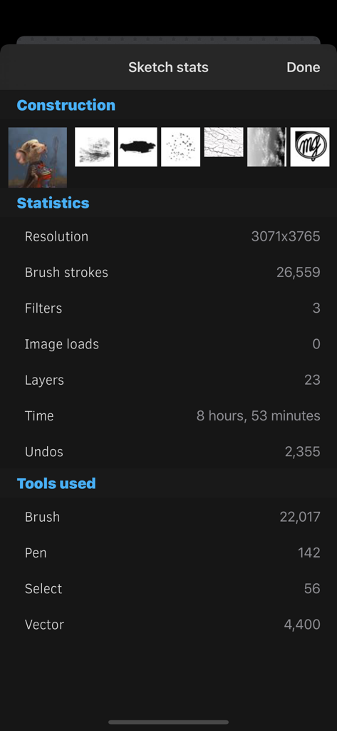 Sketch Club - A screen in the Sketch Club app showing detailed drawing statistics including brush strokes layers and time spent