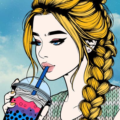 realistic girl drinking boba tea with braided hair