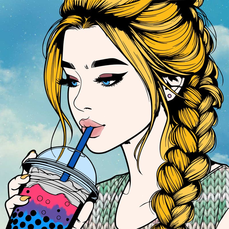 realistic girl drinking boba tea with braided hair