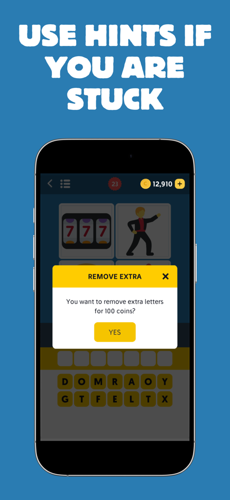 Una pantalla móvil que muestra el sistema de pistas en Adivina La Canción: Quiz de Emojis con una ventana emergente para eliminar letras adicionales.