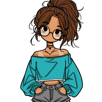 girl with a messy ponytail glasses a baggy crop top and jean shorts