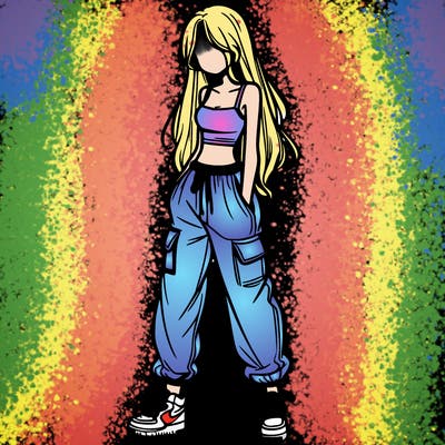 girl in baggy pants crop top and long hair